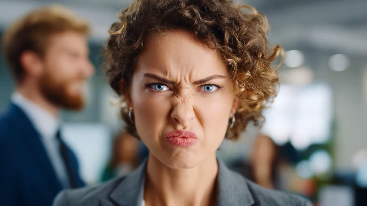 Una donna frustrata in un moderno ambiente d'ufficio che mostra forti emozioni di rabbia e insoddisfazione, con capelli ricci e intensi occhi azzurri