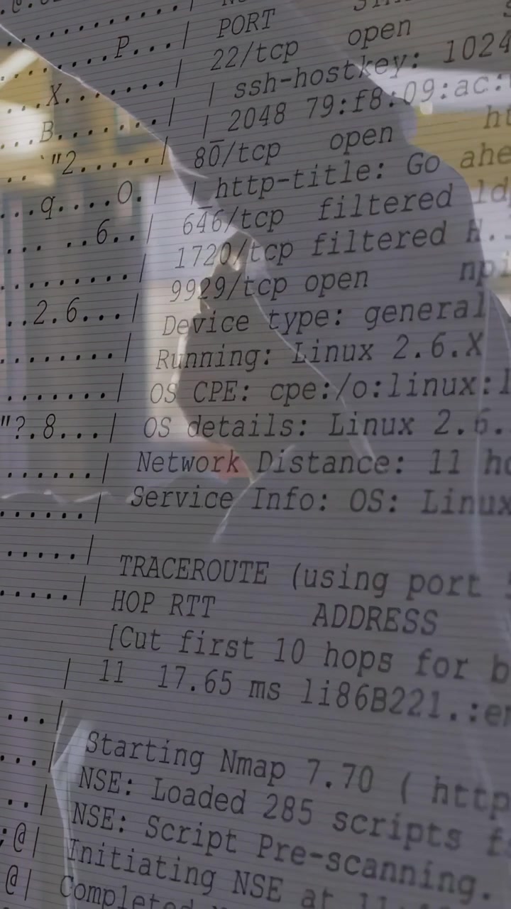 Vertical video: Woman repairing overhead beam in workshop as terminal network scan scrolling over