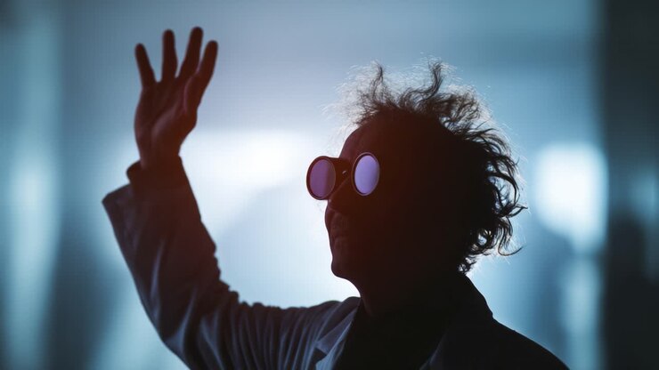 Uno scienziato misterioso in controluce su uno sfondo luminoso, che alza una mano, esprimendo creatività e fascino in un ambiente sperimentale e innovativo