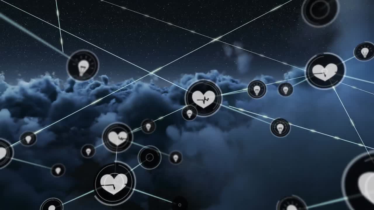 анимация сети соединений икон с сердцами над облаками