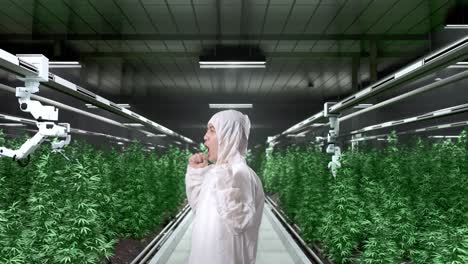 side view of asian marijuana researcher screaming goal celebrating while standing in the marijuana greenhouse with smart robotic farmers