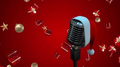Animation-of-santa-hat-on-vintage-microphone-with-christmas-presents-falling-on-red-background