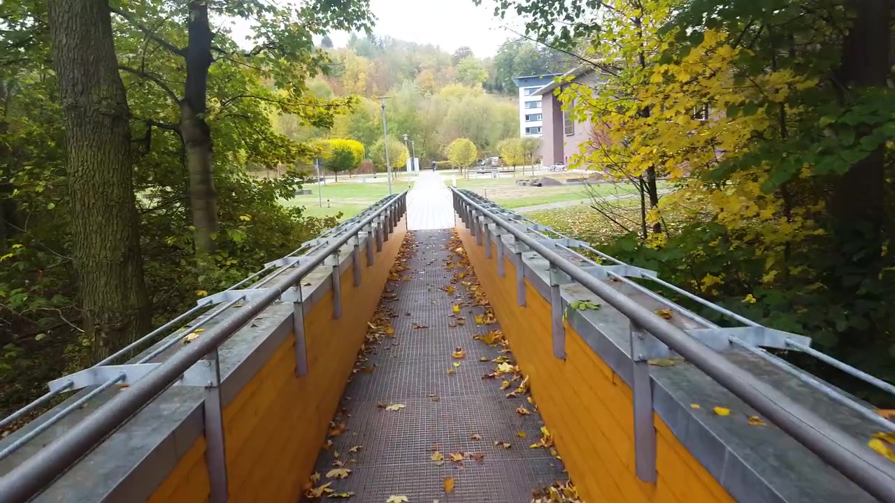 First person view of person walking across bridge in fall