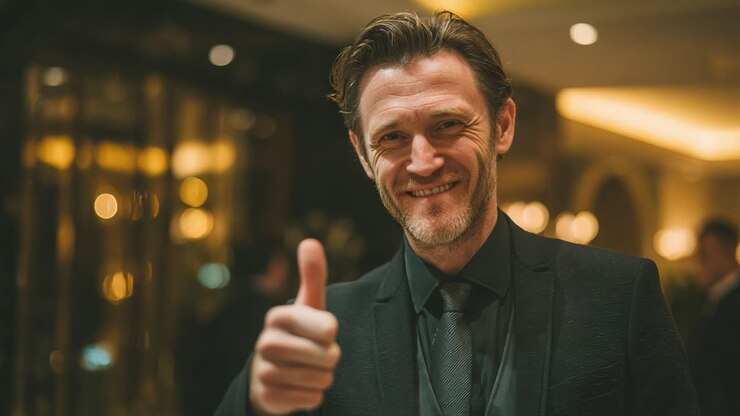 Un uomo in abbigliamento formale alza il pollice in segno di approvazione in un ambiente elegante e ben illuminato, mostrando sicurezza e positività, suggerendo un momento di gioia o una celebrazione