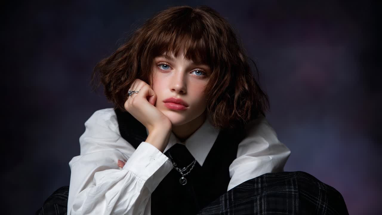 A Captivating Portrait Series Featuring a Thoughtful Young Woman with Expressive Eyes and a Unique Style in Two Distinct Moments of Reflection