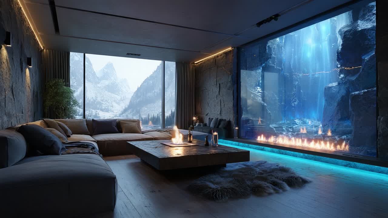 Uno splendido soggiorno moderno con viste mozzafiato sulle montagne e un accogliente caminetto, caratterizzato da arredi eleganti, texture naturali e una bellissima cascata di design che crea un'atmosfera serena