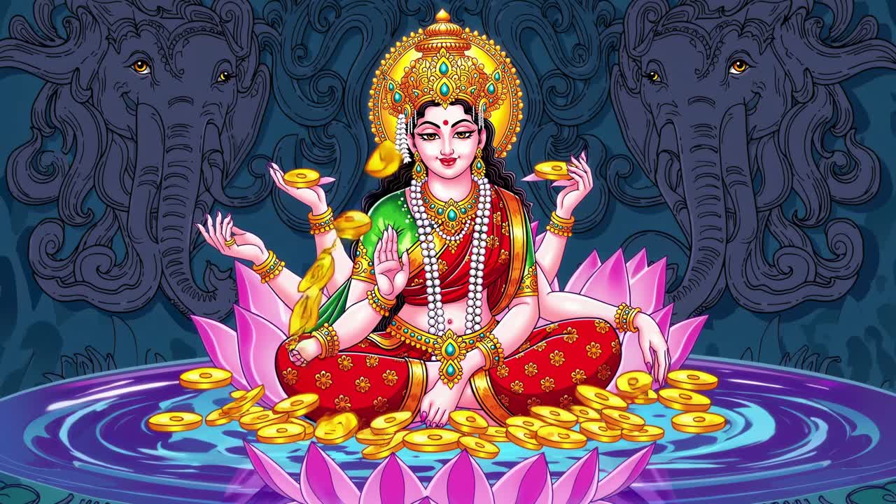 Vibrant goddess figure gracefully seated on a lotus, surrounded by golden coins, depicting a serene and prosperous scene of abundance and spirituality