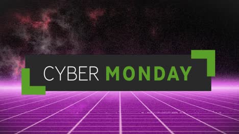 Animation-of-cyber-monday-text-in-rectangle-over-illuminated-grid-pattern-against-space