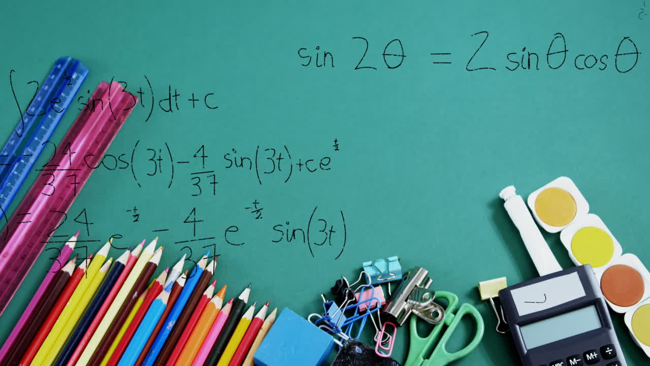 animación de iconos escolares sobre un fondo de papel con regla blanca.