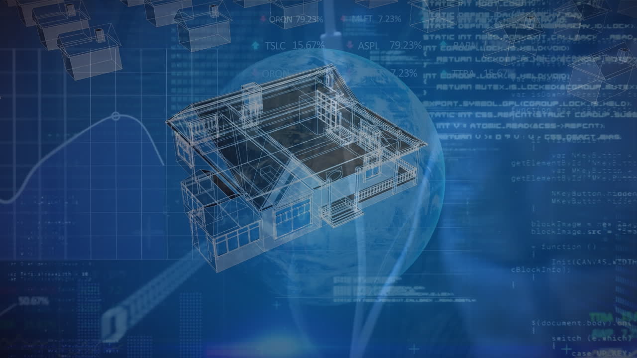 Animation of data processing and 3d house model over navy blue background