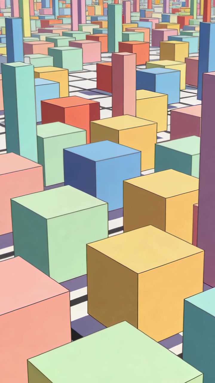 Vertical video: Playback starting, camera moving to reveal pastel cubes and pillars on grid