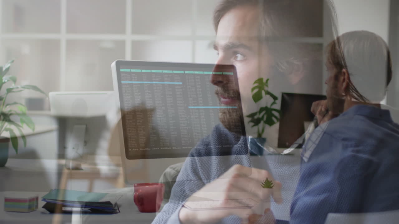 Animation of man at desk with computer code overlaying thoughtful expression