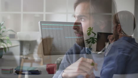 animation of man at desk with computer code overlaying thoughtful expression
