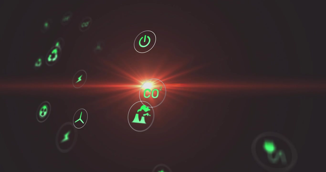 Eco icons emerging from left, drifting inward under orange-red flare highlighting key symbols