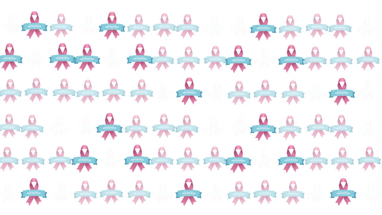 ⁇ 색 배경에 빛나는 여러 개의 분홍색 리본 로고와 유방암 텍스트의 애니메이션