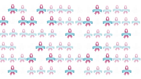 animación de múltiples logotipos de cinta rosa y texto de cáncer de mama que brilla sobre un fondo blanco