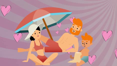 Animation-of-illustration-of-happy-parents-and-son-sunbathing,-with-pink-hearts-and-rotating-lines