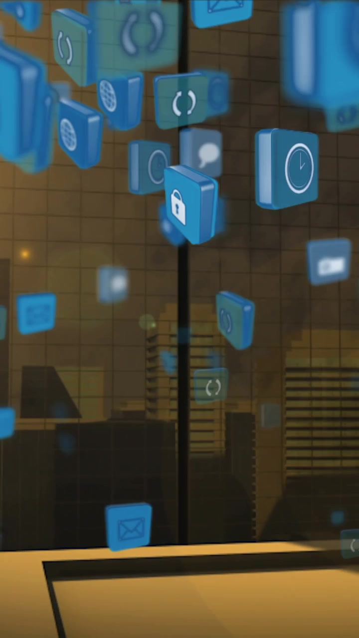Animation of media icons over cityscape