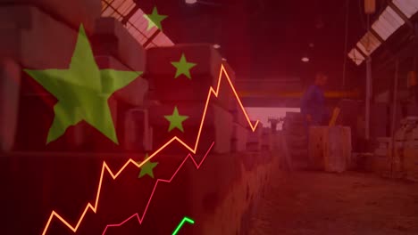 Animation-of-financial-data-processing,-flag-of-china-over-warehouse