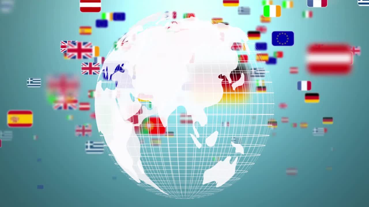 White wireframe globe spinning in teal gradient scene, featuring floating EU and national flags