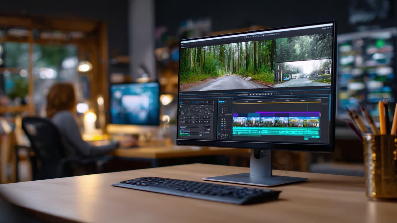 Modifica di un progetto video in un’area di lavoro moderna con doppio schermo che mostra clip video di un percorso panoramico e software di editing su un elegante computer