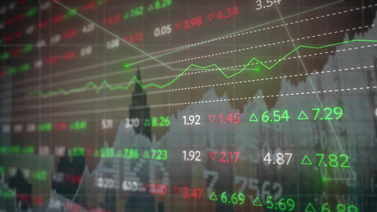 animación del tablero de negociación sobre líneas y gráficos contra edificios en el fondo