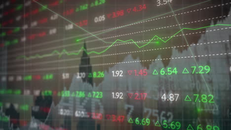 animación del tablero de negociación sobre líneas y gráficos contra edificios en el fondo