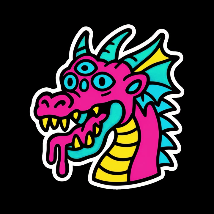 Illustrazione animata di un adesivo di drago colorato a tre occhi