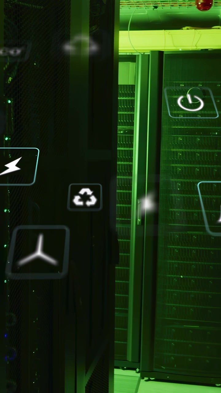 Vertical video: Green LED pulse starting, icons appearing, settling over server rack showing status