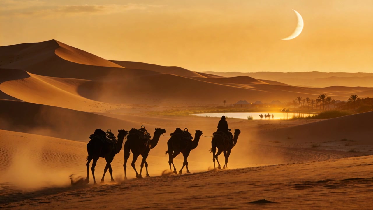 Scalando la cresta, il cavaliere in testa spinge cinque cammelli sellati attraverso dune dorate verso un'oasi di palme.