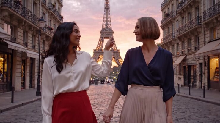 Two Friends Stroll Hand in Hand Through a Romantic Parisian Street with the Eiffel Tower in the Background Against a Beautiful Sunset Sky