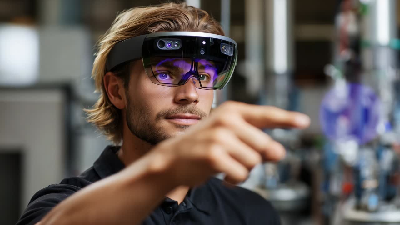 Un individuo concentrato che mostra l'uso di occhiali per realtà aumentata in un ambiente industriale moderno, mettendo in evidenza una tecnologia all'avanguardia che migliora le esperienze interattive e coinvolgenti