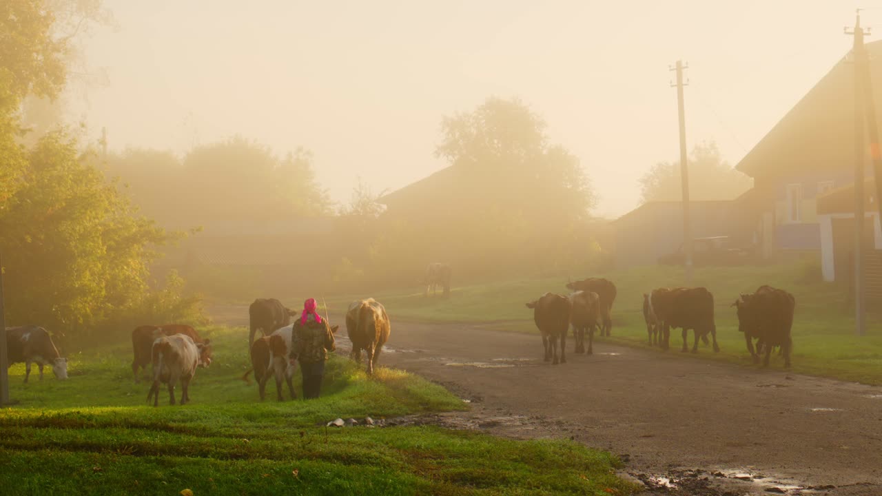 En lugn morgonscen som visar en person med en rosa huvudduk som promenerar längs en landsväg omgiven av betande kor i ett dimmigt landskap