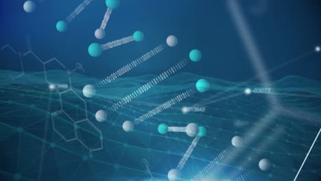 3d dna structure against digital wave on blue background