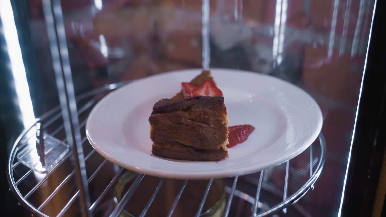 Cheesecake slice topped with fresh strawberry slices placed on white plate inside glass display with reflections and wire shelf. Creamy texture and golden top contrast beautifully with red fruit garnish