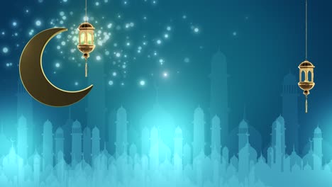 the holy month of muslims ramadan golden moon stars and ramadan lantern 3d loop animation 4k arabic