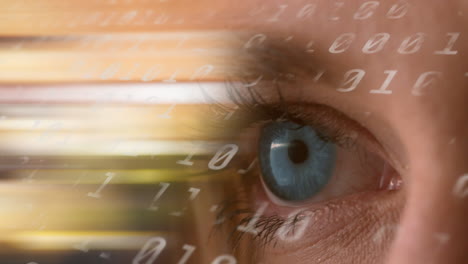 animation of data processing over eye of caucasian woman