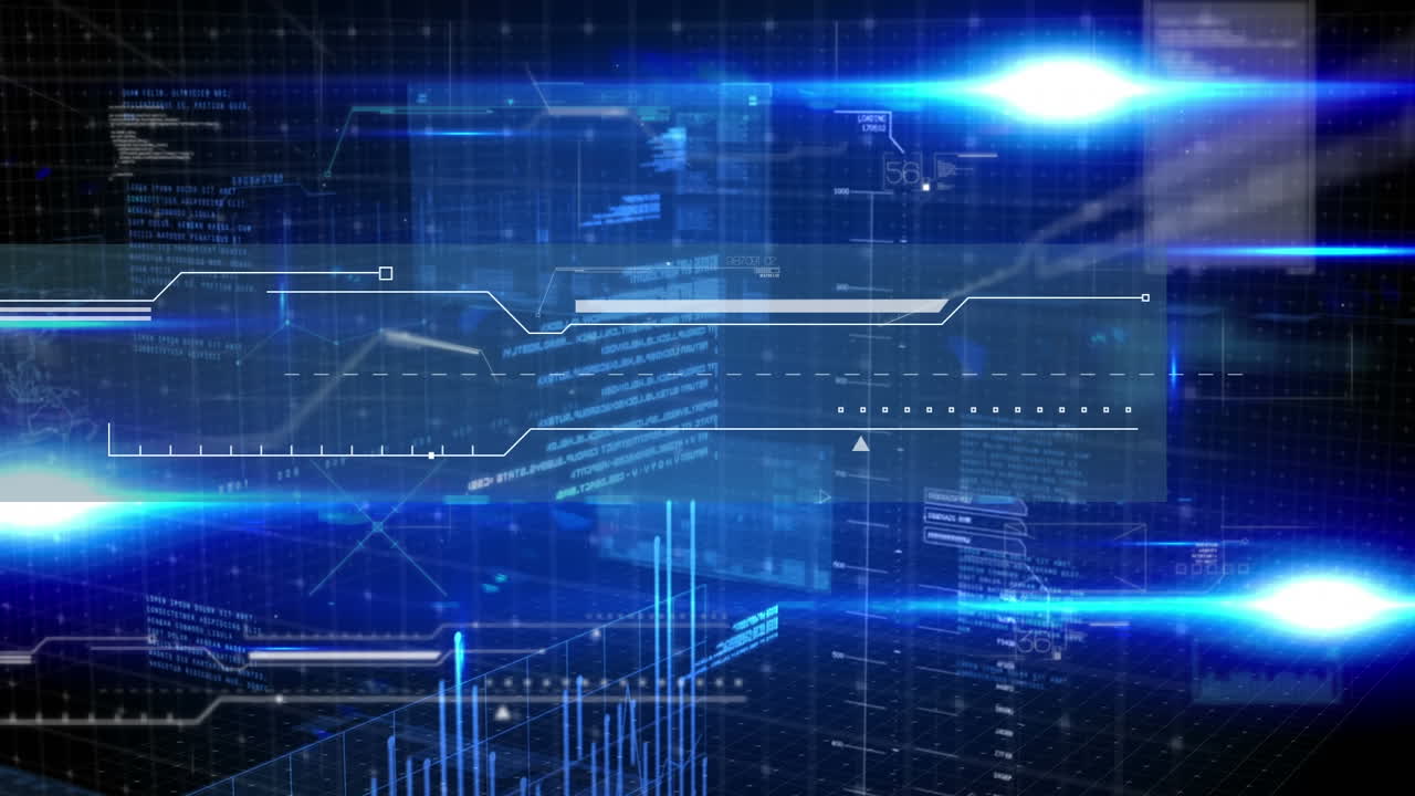 Animation of digital data processing over screens and glowing blue lights