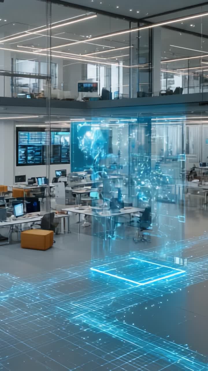 Et moderne kontormiljø, der viser avanceret teknologi med holografiske skærme og en digital grænseflade, der dækker arbejdsområdet og understreger innovation og samarbejde.