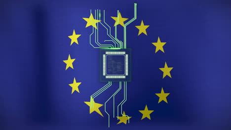 microchip y líneas de circuitos sobre la bandera de la unión europea con estrellas amarillas