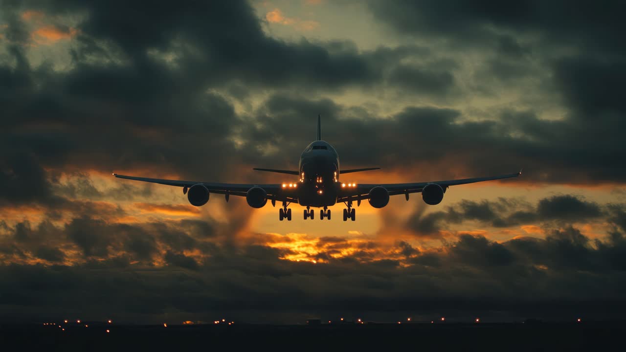 A dramatic low-angle shot of an airplane landing at sunset, silhouetted against a fiery sky, perfect