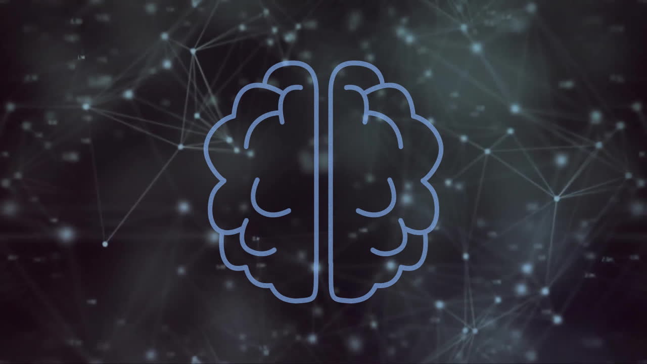 Animation of brain icon over network of connections and data processing on black background