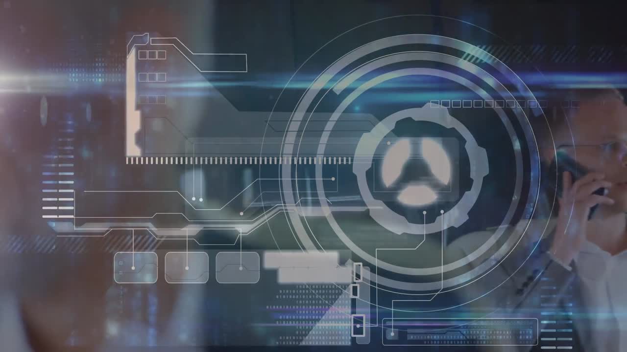 animación del procesamiento de datos financieros sobre un hombre de negocios caucásico hablando por teléfono inteligente