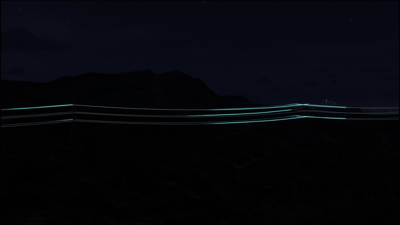 전기의 3d 디지털 시각화와 함께 전력 전송 라인, 밝은 별으로 가득 찬 밤 하늘의 풍경 영상, 재생 가능한 녹색 에너지와 깨한 생태 환경의 개념