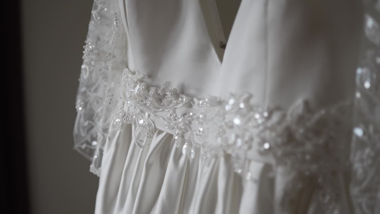 Primo piano di un delicato abito da sposa con intricati dettagli in pizzo