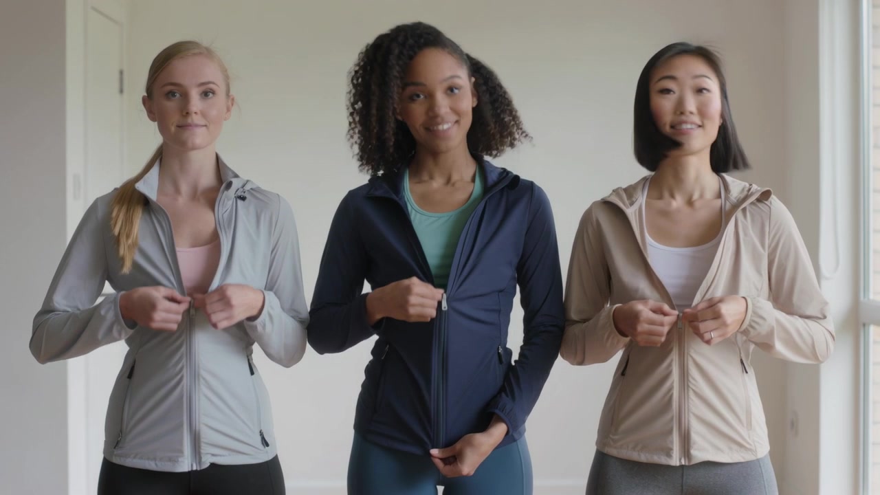Joining hands at zippers, three women zipping jackets in bright studio for workout