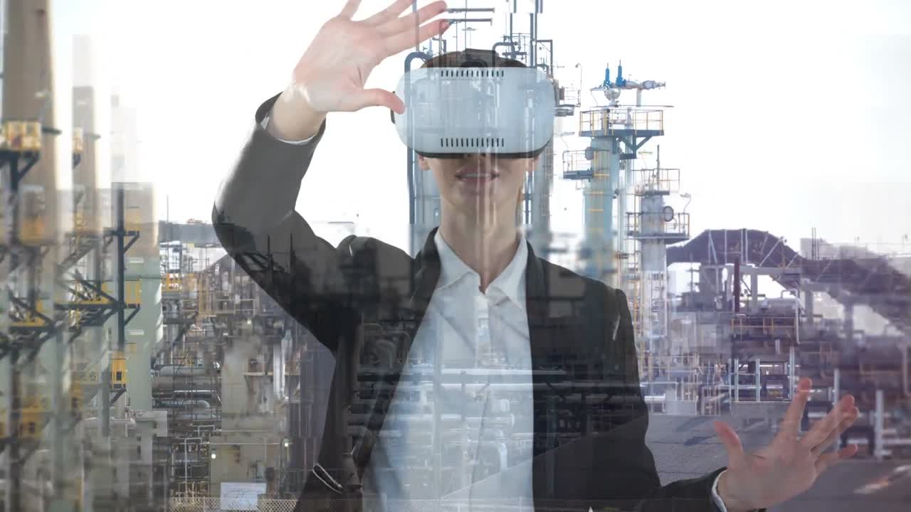 mujer usando vr contra el sitio de construcción