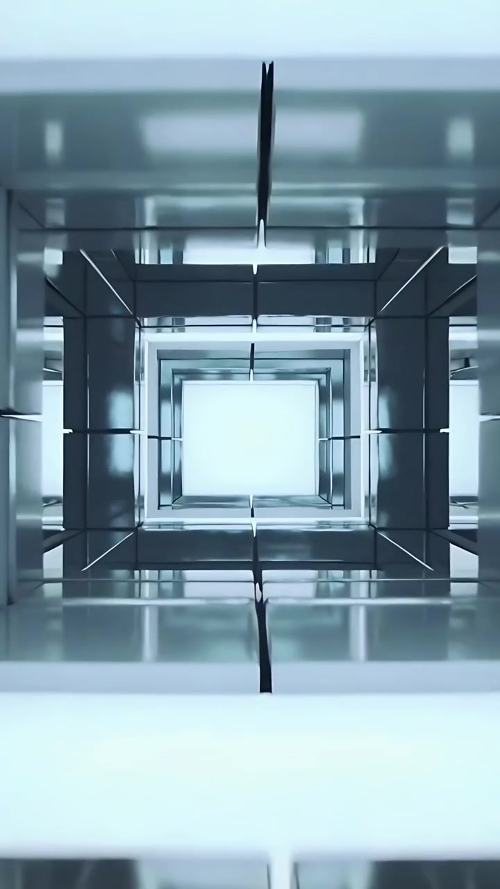 Video verticale: Telecamera in panoramica che si muove verso l'alto attraverso un pozzo quadrato nell'atrio, rivelando una luce centrale.