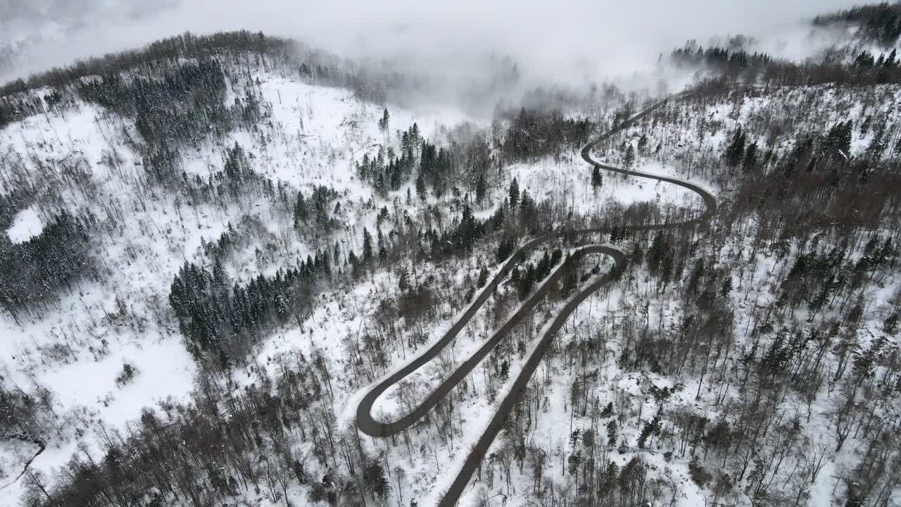 Aerial lowering pedestal winter snowed mountains pine tree forest road