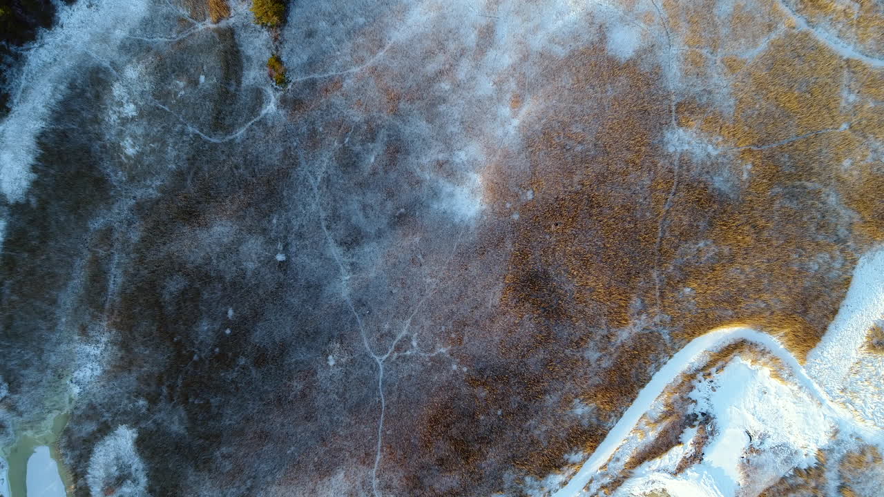 눈 덮인 겨울 들판 공중 하향식 보기